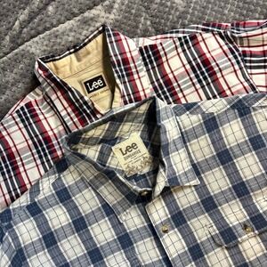 Lee‎ Dungarees Mens Plaid Short Sleeve Button Up Shirt Red Blue White Size XL